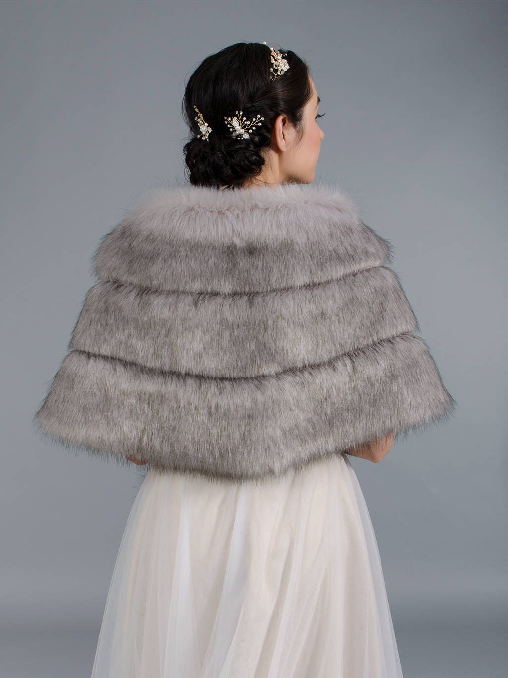 Wedding cape light gray mink fur , Faux mink online fur shawl,Bridal cape ,Faux Fur Cape