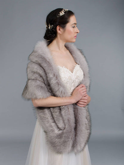 Gray faux fur wrap with pocket faux fur stole faux fur shawl bridal wrap wedding shrug faux fur cape faux fur wrap bridal B001-gray