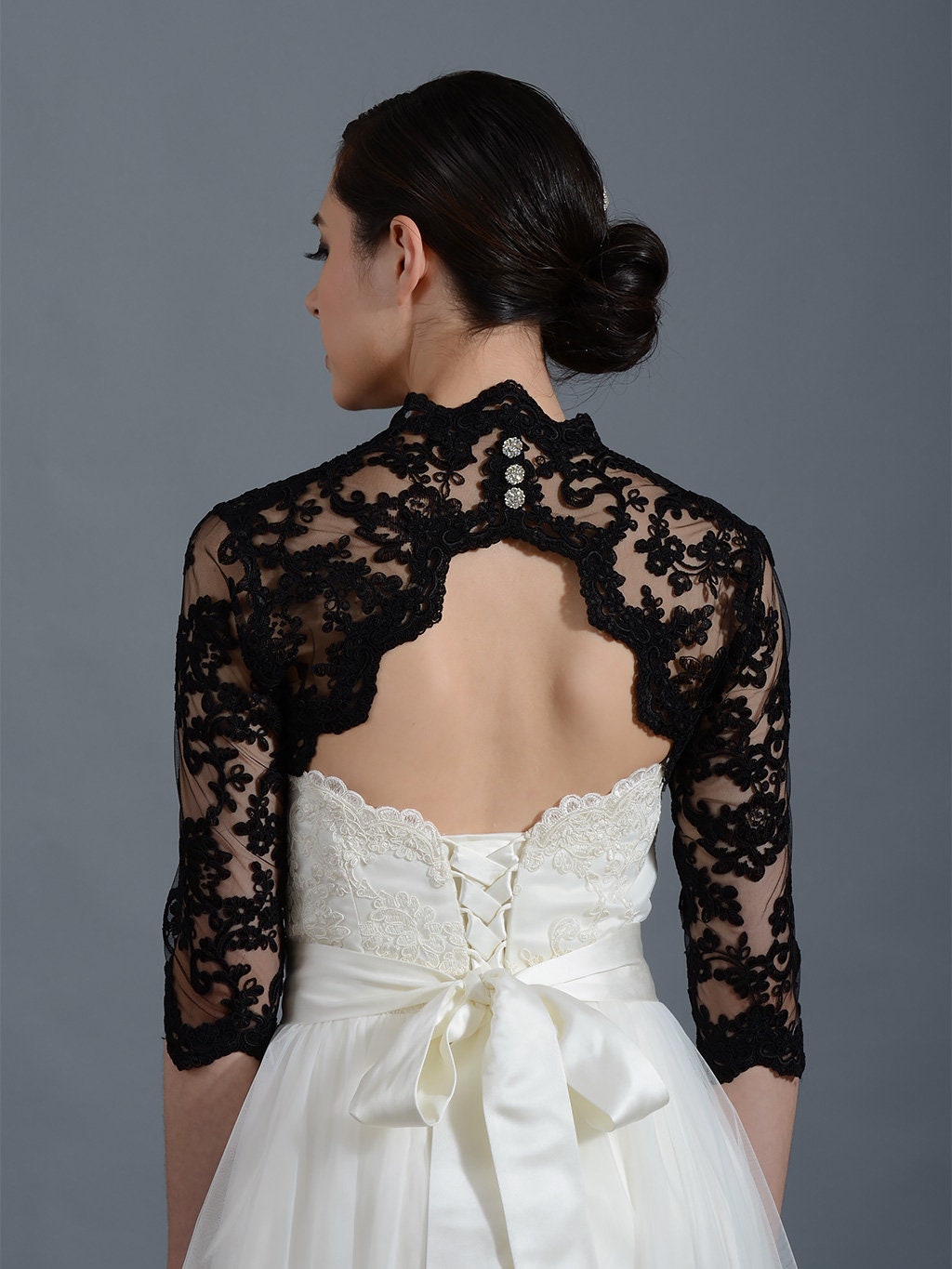 Wedding bolero, lace bolero, bridal bolero jacket, black bolero, 3/4 sleeve lace bolero, keyhole back, alencon lace