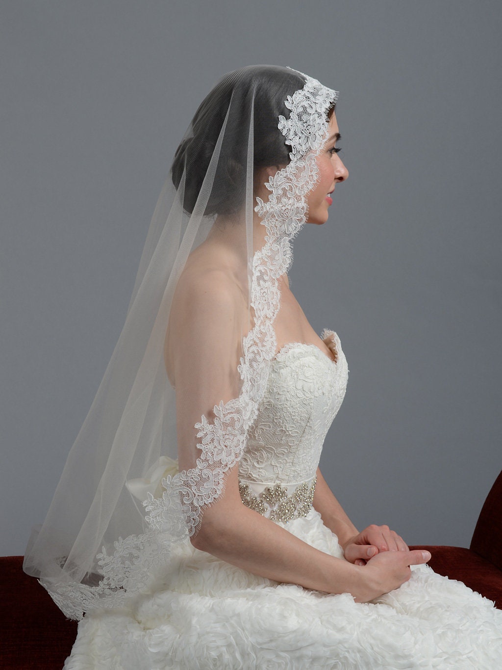 Wedding veil, bridal veil, mantilla veil, fingertip length veil, alencon lace veil, wedding veil ivory, wedding shops veil elbow