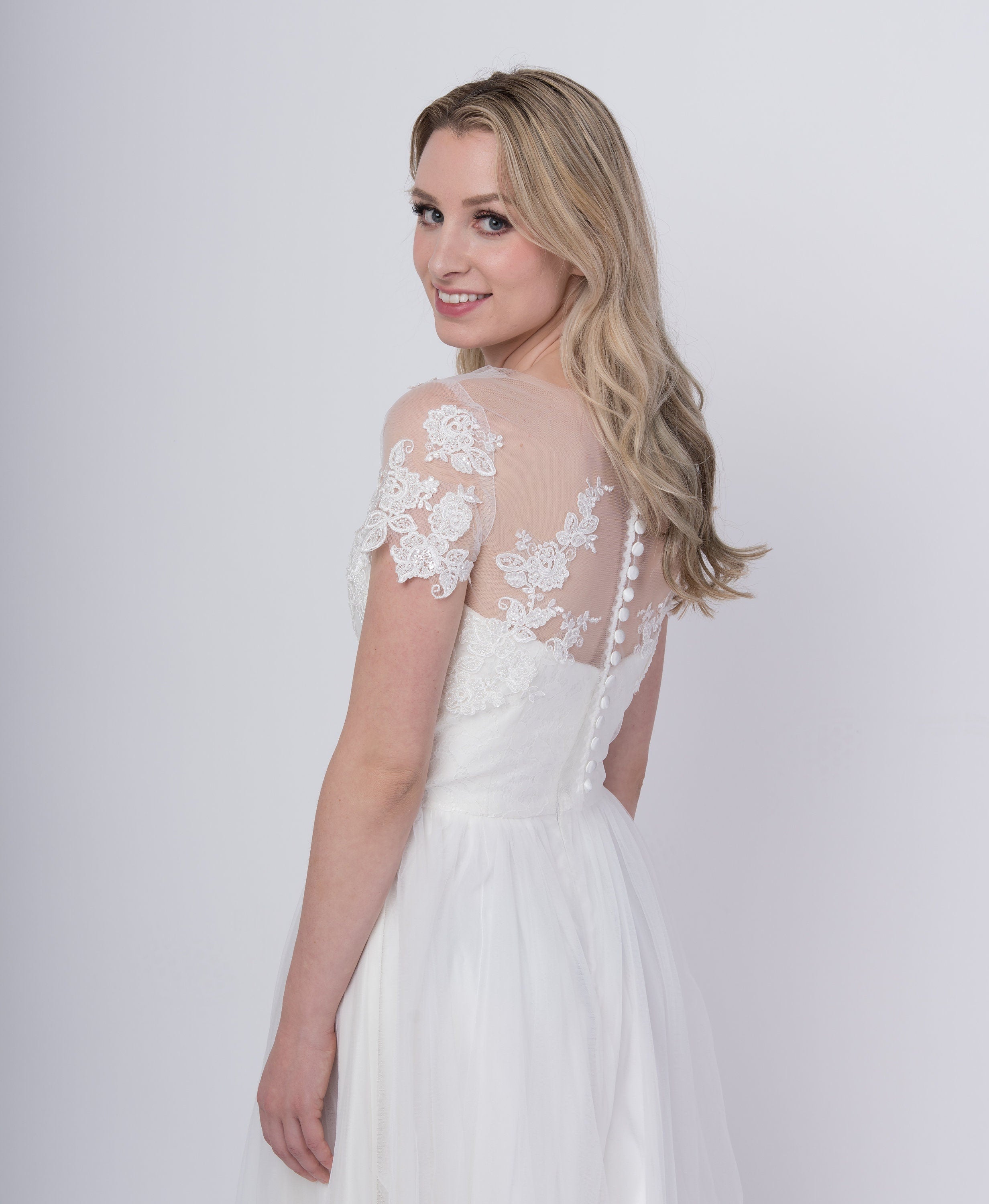 Beaded ivory wedding dress topper in short sleeves buttoned back lac ALEX BRIDAL