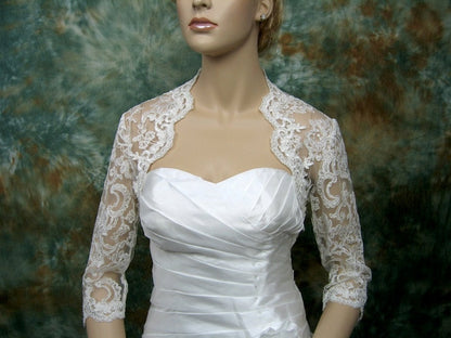 Ivory wedding bolero, lace bolero, bridal bolero jacket, Ivory bolero, 3/4 sleeve lace bolero, alencon lace