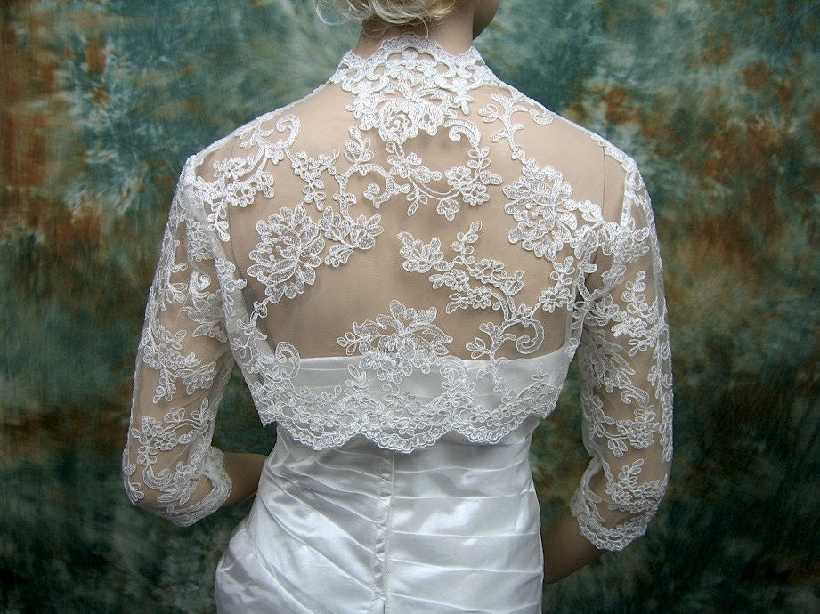 Ava lace hotsell wedding bolero, 3/4 sleeves bridal top, lace cover up