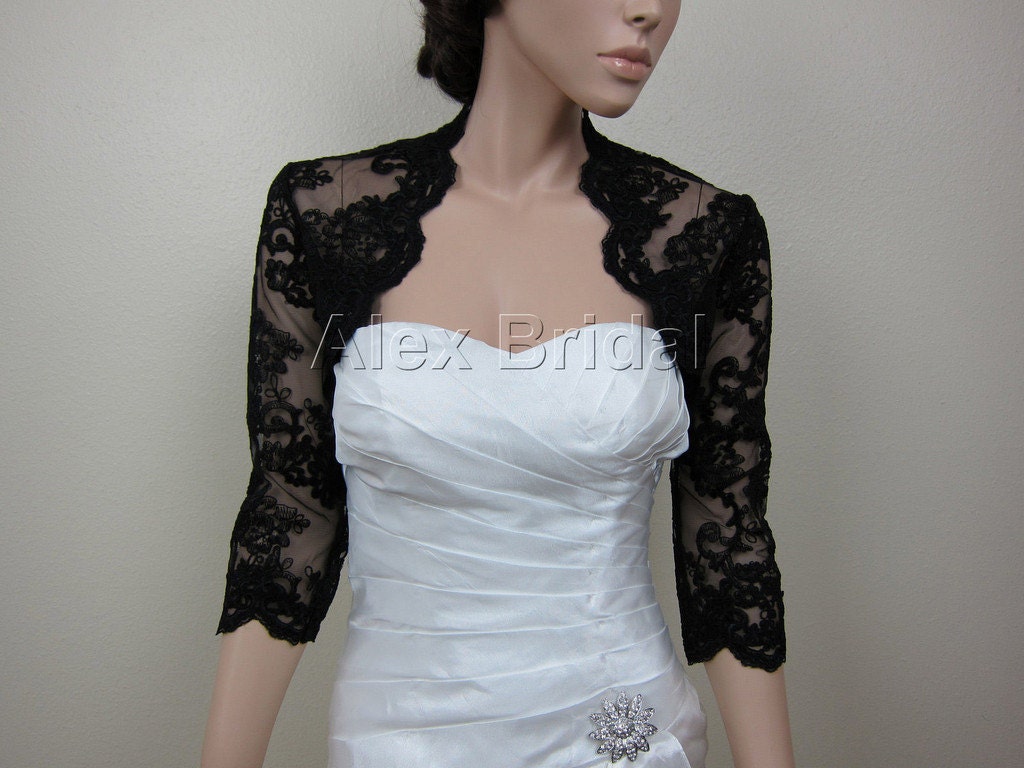 Wedding bolero, lace bolero, bridal bolero jacket, black bolero, 3/4 sleeve lace bolero, keyhole back, alencon lace