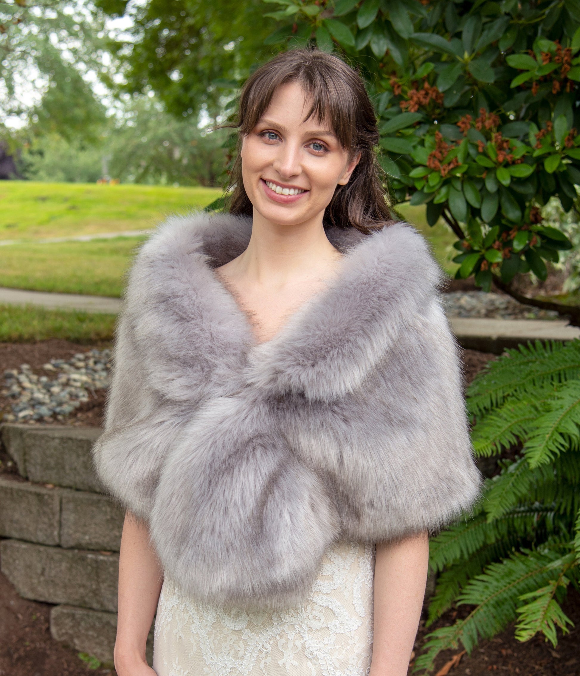 Gray faux fur wrap with brown tips faux fur stole faux fur shawl bridal wrap faux fur shrug