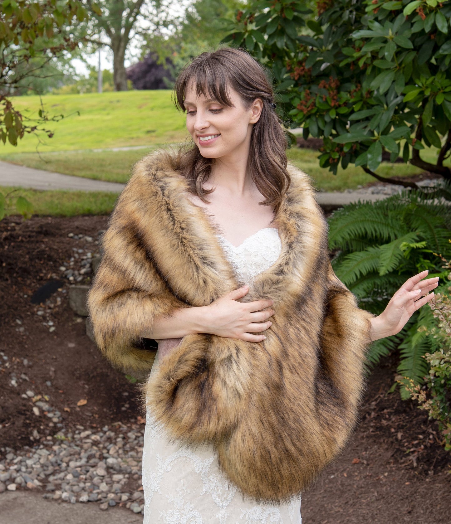 20 inches wide brown faux fox fur stole faux fur shawl bridal wrap faux fur shrug bridal cape B010-fox-2