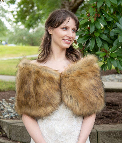 Brown faux fur bridal wrap, wedding faux fur shawl, faux fur bridal stole, faux fur cape B012-Brown