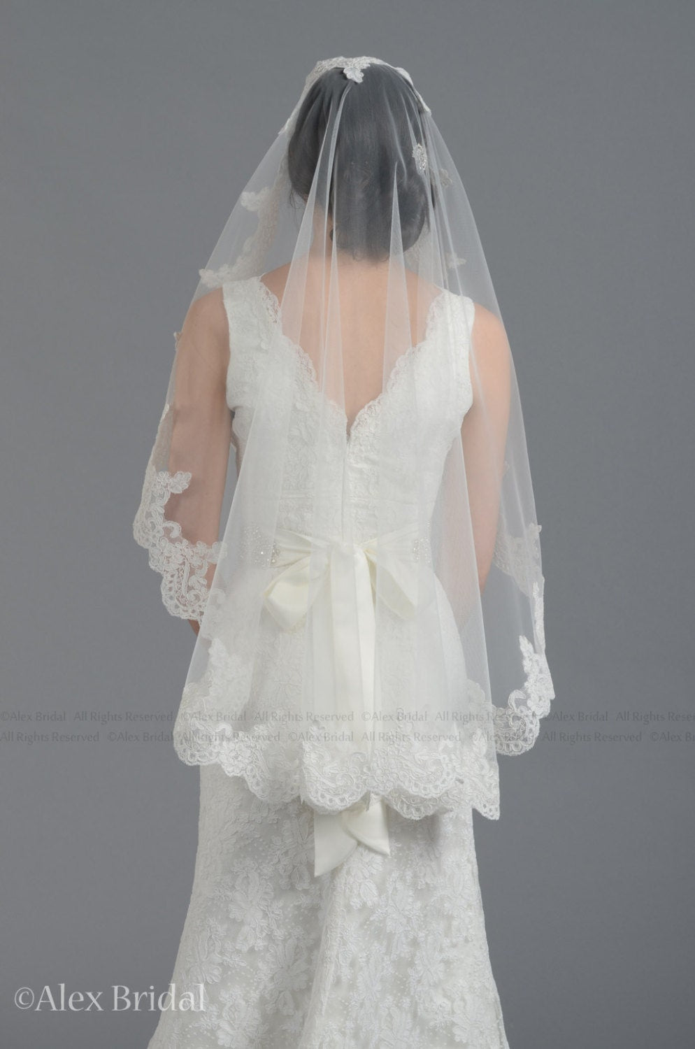 Ivory wedding veil, bridal veil, mantilla veil, elbow length veil, alencon lace veil, wedding veil ivory