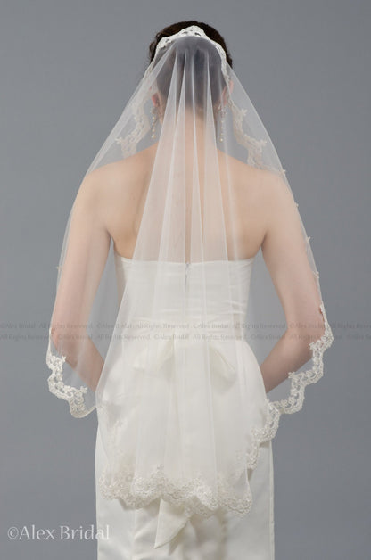 mantilla veil, bridal veil, wedding veil, ivory veil, lace veil, alencon lace, wedding veil ivory, wedding veil lace, elbow veil V040