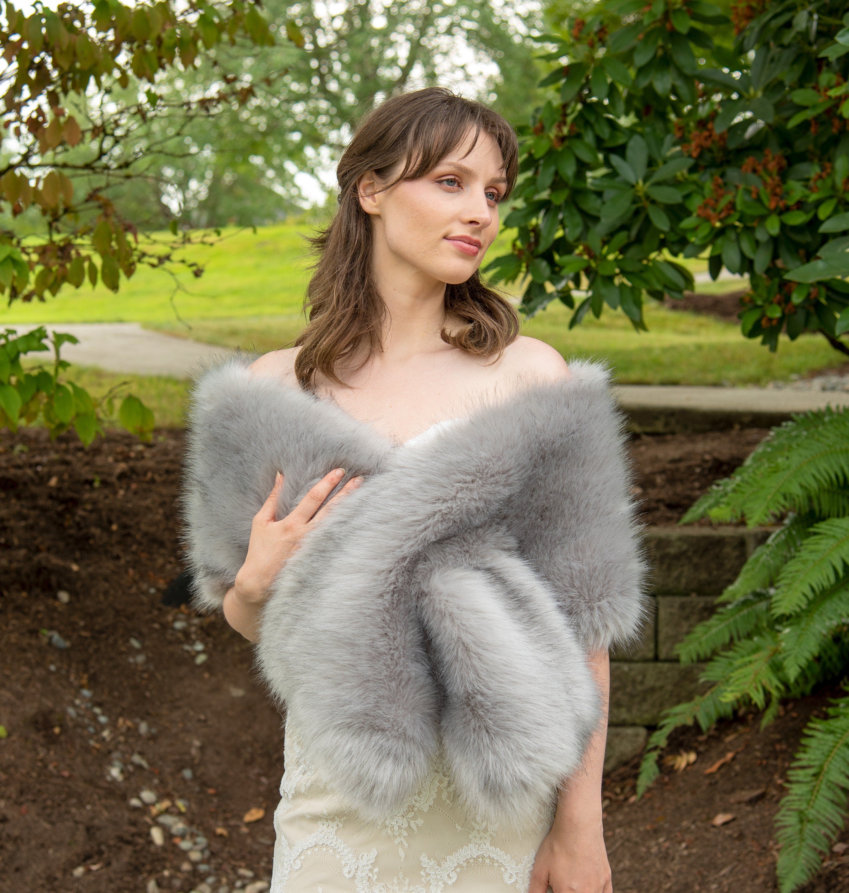 Ivory faux fur wrap, on sale faux fur shawl, faux fur shrug with gray tips made of high quality imitation fur