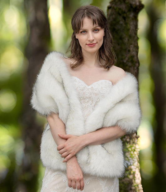 Ivory faux fur wrap with black tips bridal shawl B005