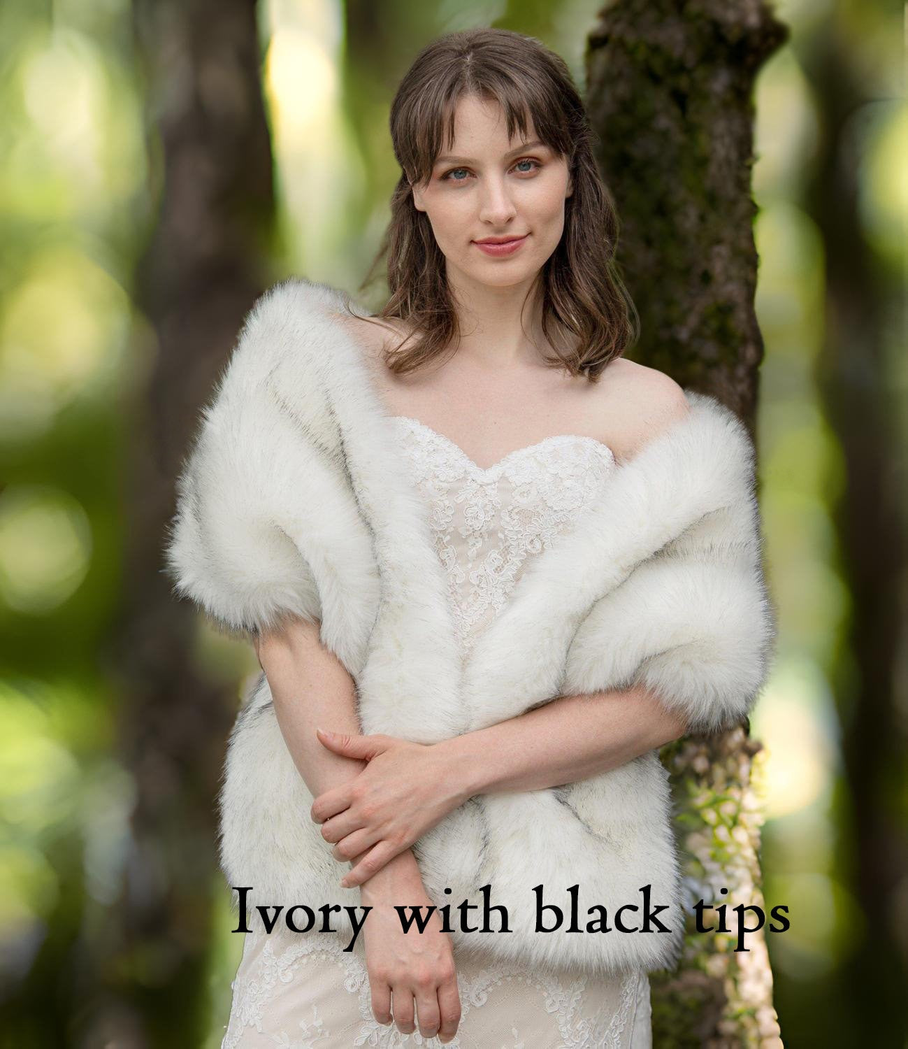 Ivory faux fur wrap, faux top fur shawl, faux fur shrug with gray tips made of high quality imitation fur