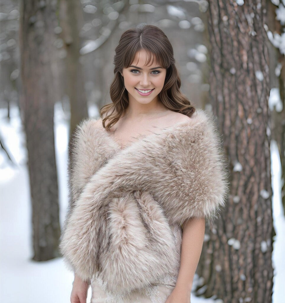 Blush beige faux fur shawl, bridal faux fur wrap, faux fur stole, wedding cape, faux fur shrug B005-blush