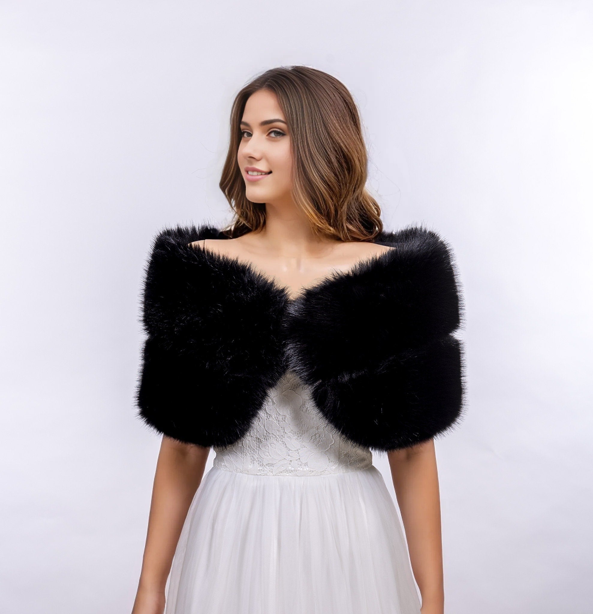 Free Shipping Wedding Black faux fur bridal wrap, Wedding Fur shrug, Bridal Fur, Fur Wrap, Bridal Faux Fur 2024 Stole Fur Shawl Cape