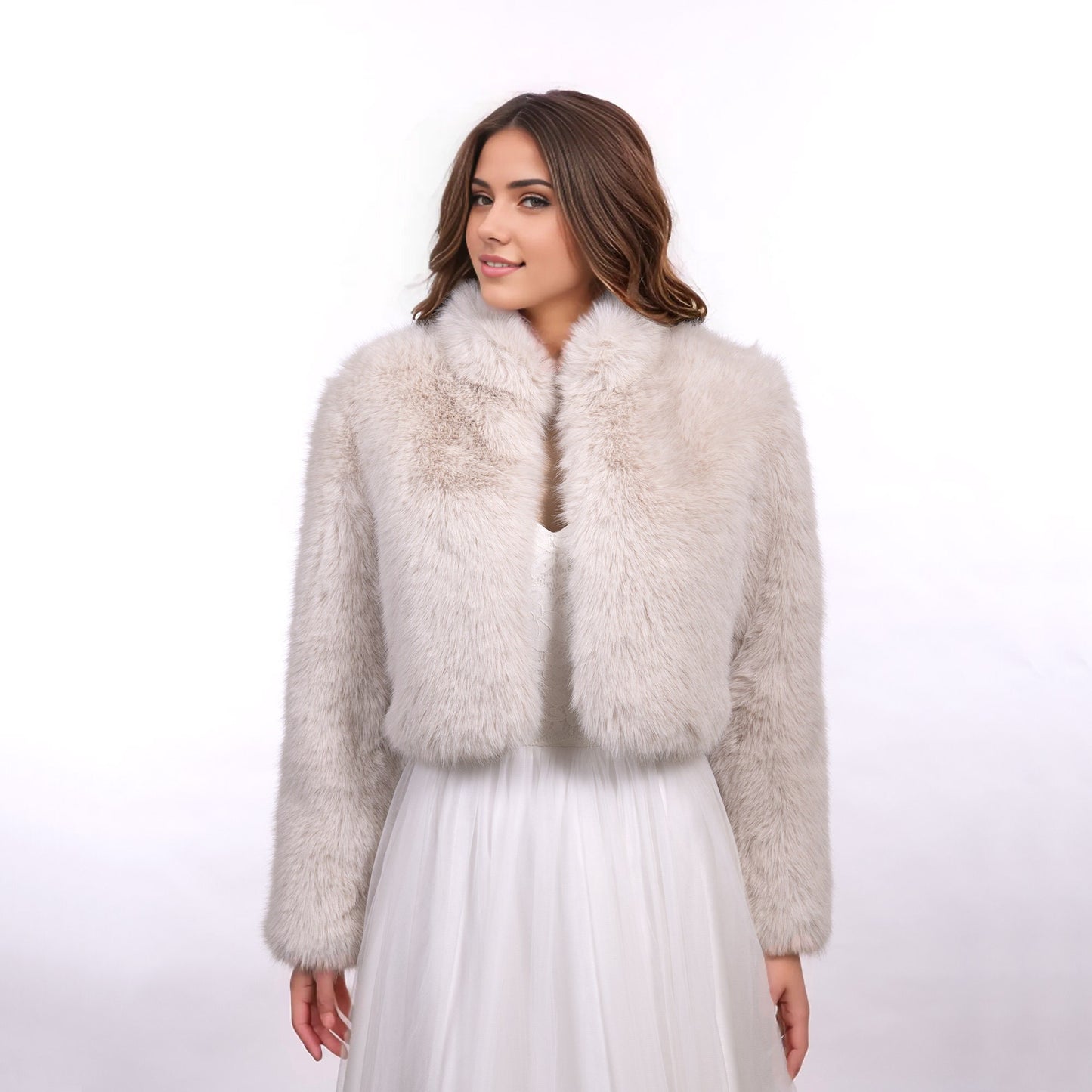 Light blush gray long sleeve faux fur jacket faux fur coat faux fur bolero faux fur shrug FJ003-light-blush-gray