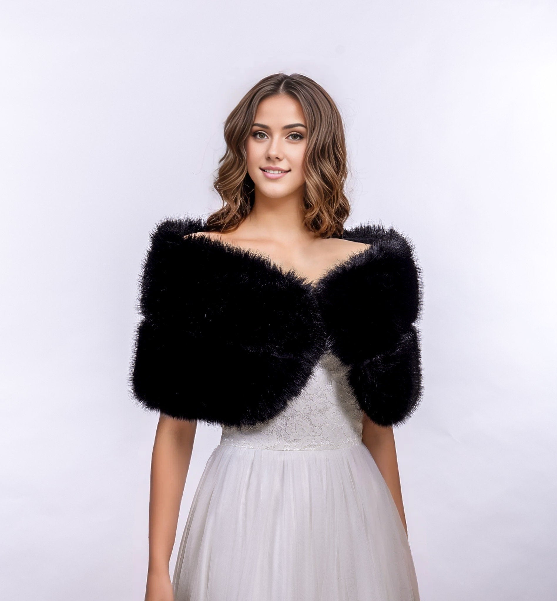 Black faux fur bridal wrap, wedding faux fur shawl, faux fur bridal stole, faux fur cape B015-Black