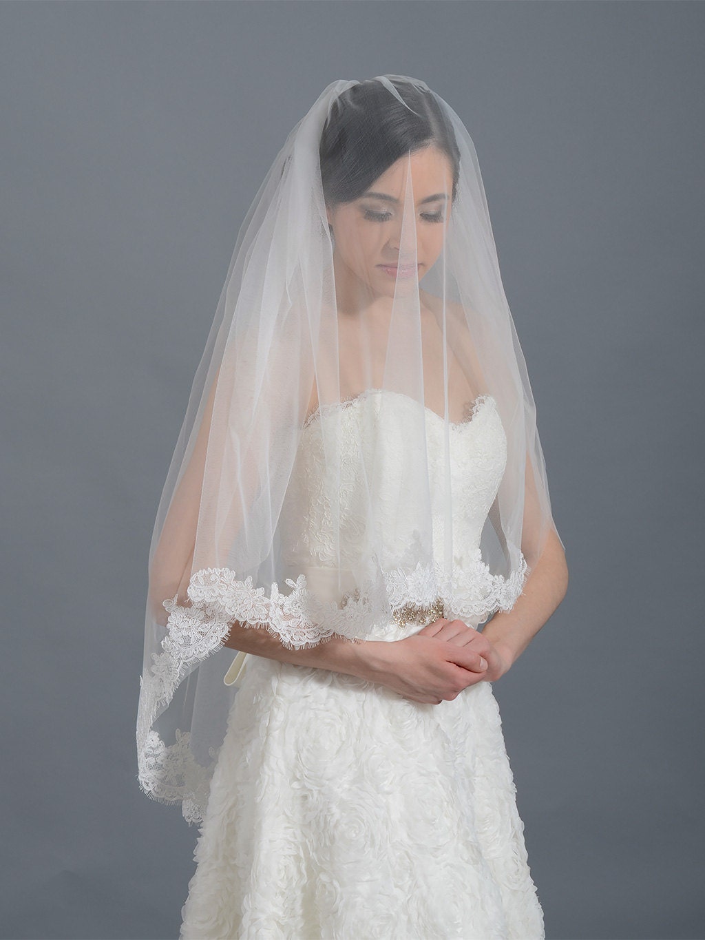 wedding veil, bridal veil, elbow length veil, alencon lace veil, wedding veil ivory