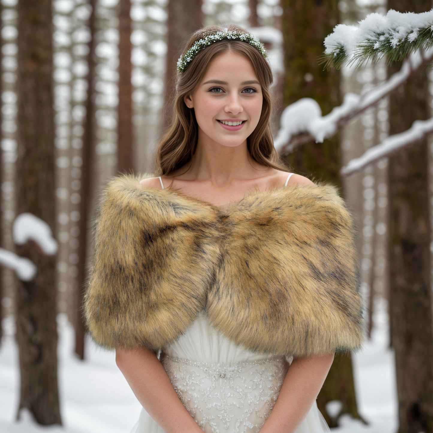 Brown faux fur bridal wrap, wedding faux fur shawl, faux fur bridal stole, faux fur cape B012-fox-2