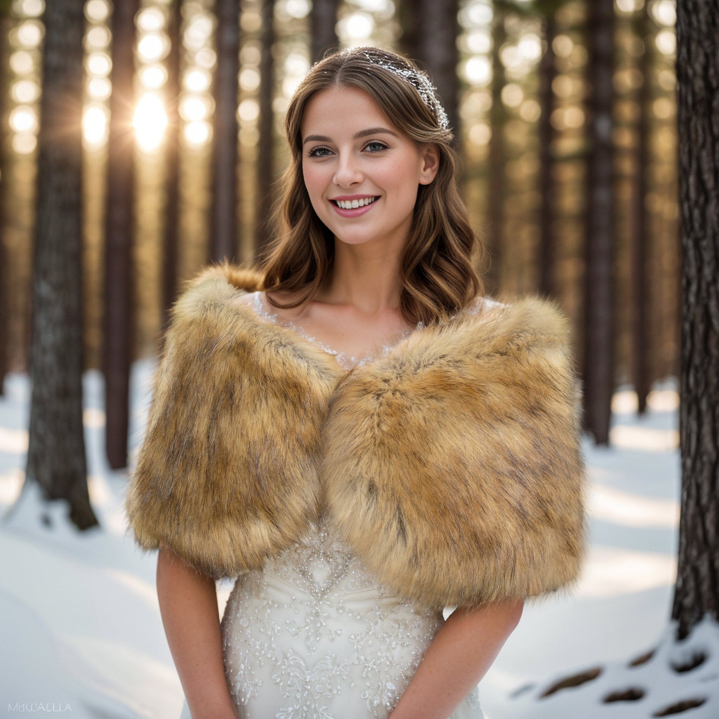 Brown faux fur bridal wrap, wedding faux fur shawl, faux fur bridal stole, faux fur cape B012-fox-2